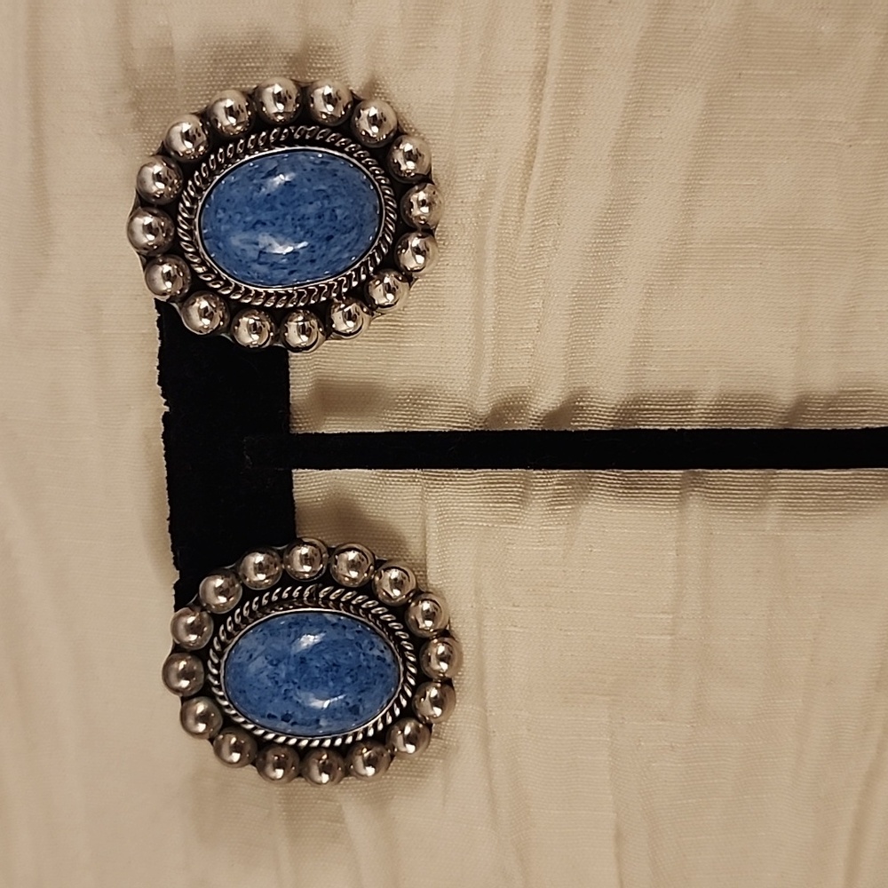 Earrings with blue denim lapis stone with silver .925 beaded frame.